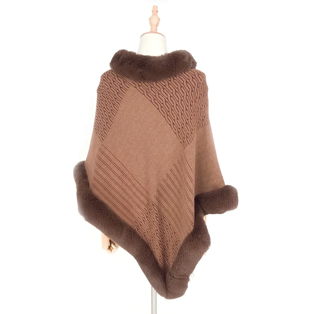 
Wholesale Faux Rabbit Collar Pullover Knitted Cape Ladies Wool Crochet Fur Poncho Sweater Women Winter Shawl Wrap 