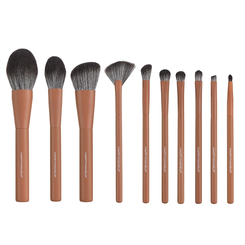 Happymakeup Luxury Premium Best Quality Wholesale Vegan Custom Brown Cosmetic Makeup Brush Set Make Up Brushes