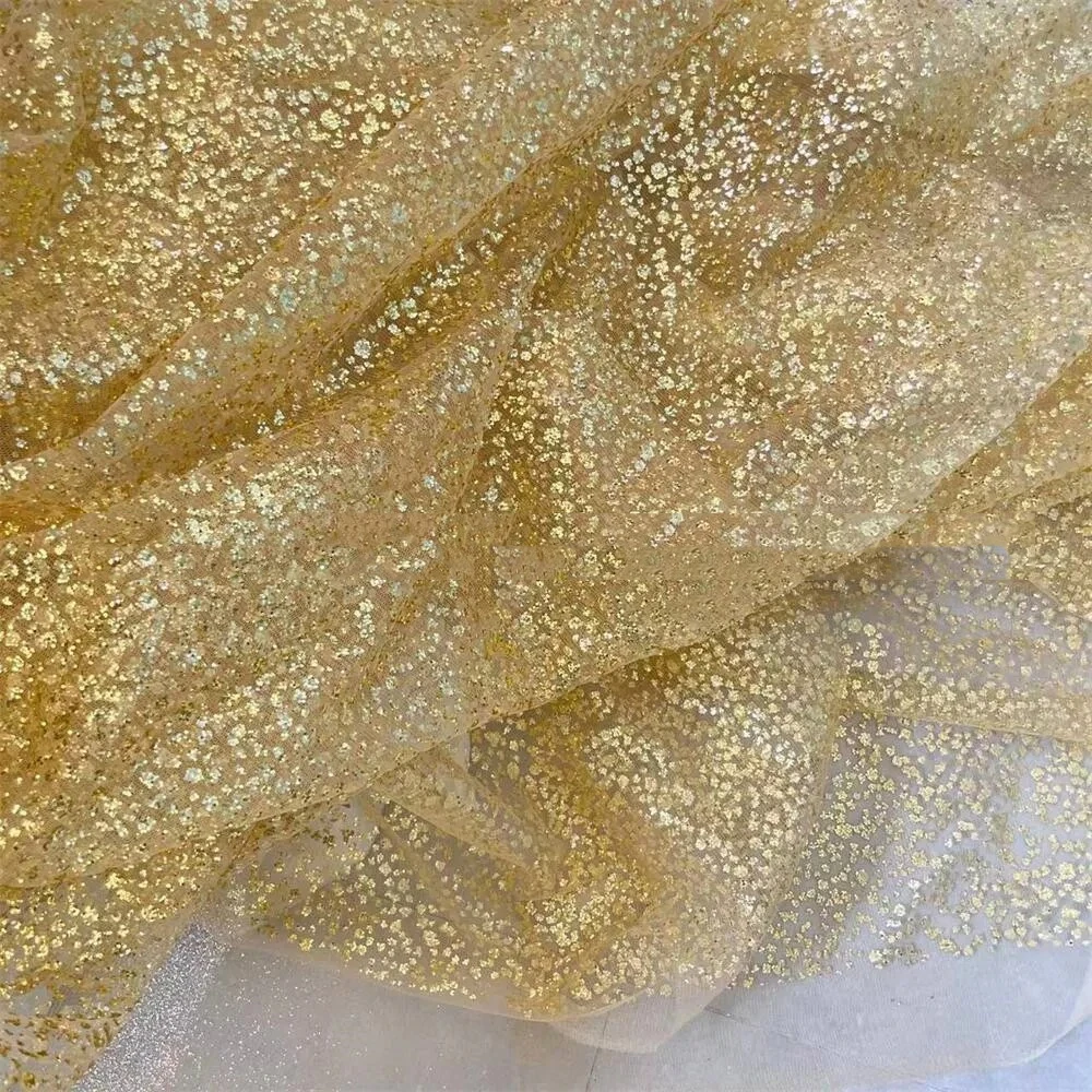 Glitter Bronzing Fabric. Gold Shiny Bridal Dress Lace Fabric. Wedding Arrangement DIY Sewing Fabric