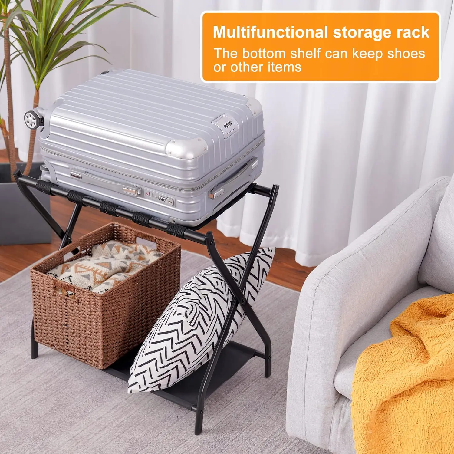 Luggage Rack Pack of 2 Steel Folding Suitcase Stand with Storage Shelf for Guest Room Bedroom Hotel Luggage Holder