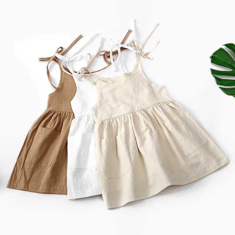 
New Summer Solid Color Cotton And Linen Comfortable Baby Pleated Skirt Custom Girl Princess Dress 