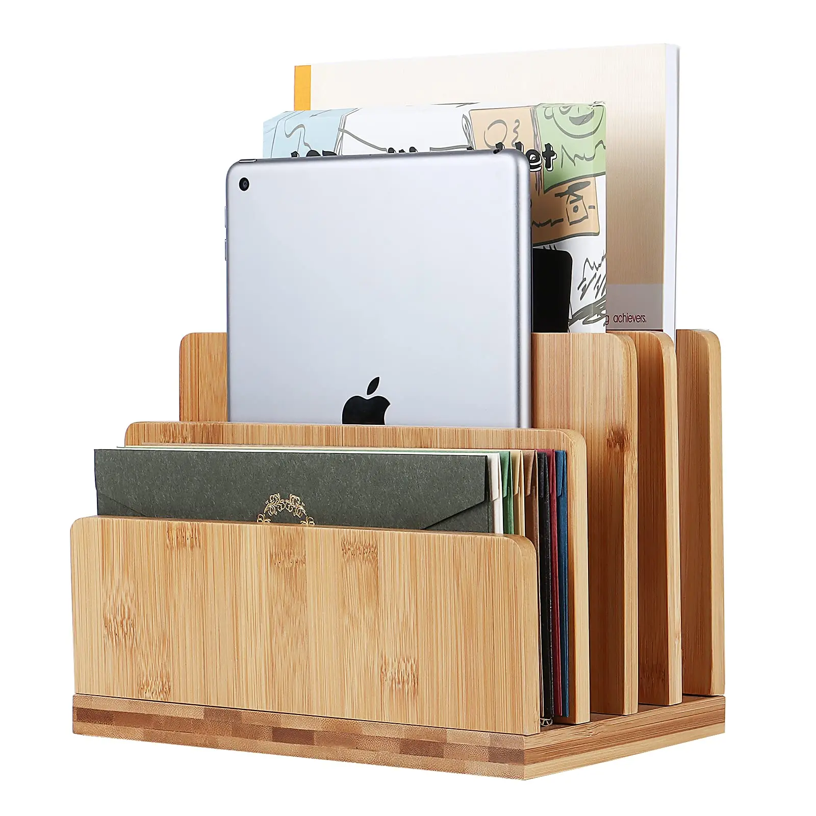 NISEVEN Creative 4 Slots Home Office Desktop File Holder Mail Paper Bamboo Desk Shelf CD Storage Rack Bamboo File Organizer