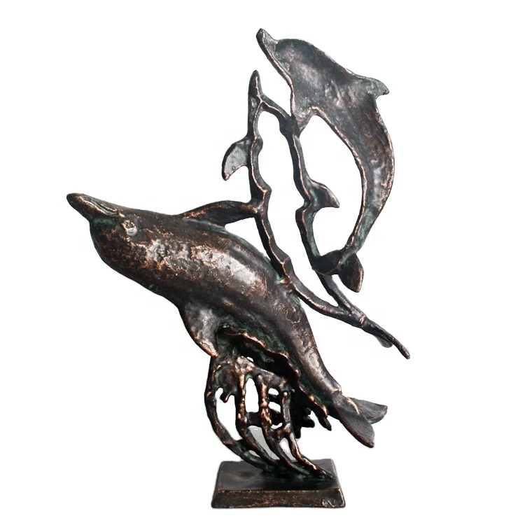 Metal dolphins desktop decor on marble base for home,  Abstract metal nautical fish sculpture