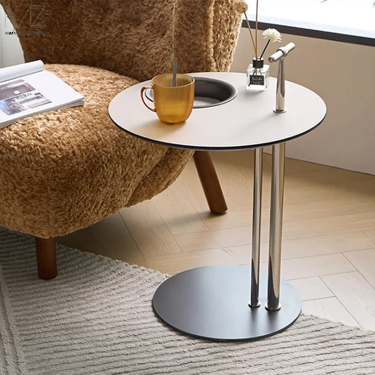 Small Coffee Table Modern Luxury Stainless Steel Drink Service Table Saddle Leather Side Table For Living Room