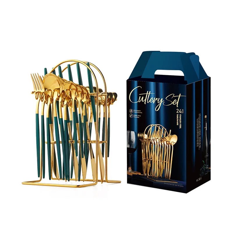 Shopee Hanging Stainless Steel Spoon& Fork Knife Set 24pcs Gold Cutlery Flatware Set With Stand