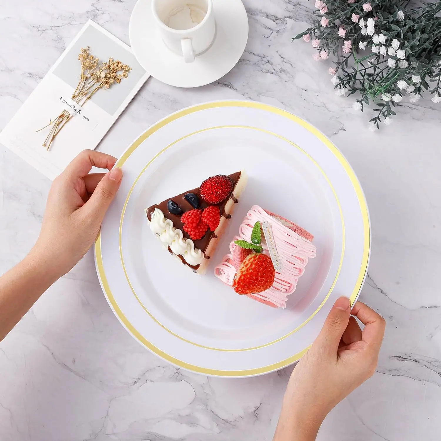Luxury Gold silver rim white dessert plate dinnerware reusable melamine plates unbreakable serving dish golden plate