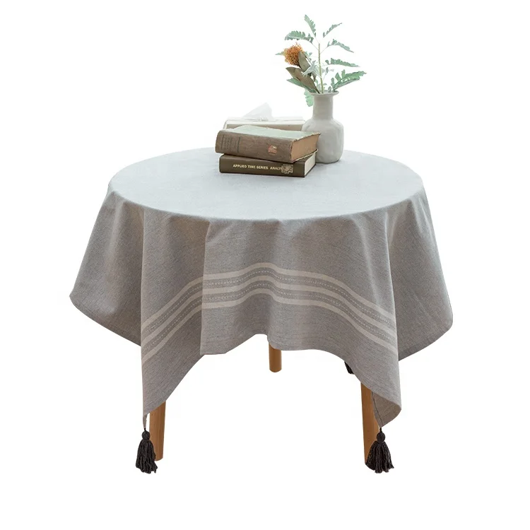 Wholesale modern design luxury plain gray cotton woven fabric hotel dinner decoration tablecloth with tassels table cover