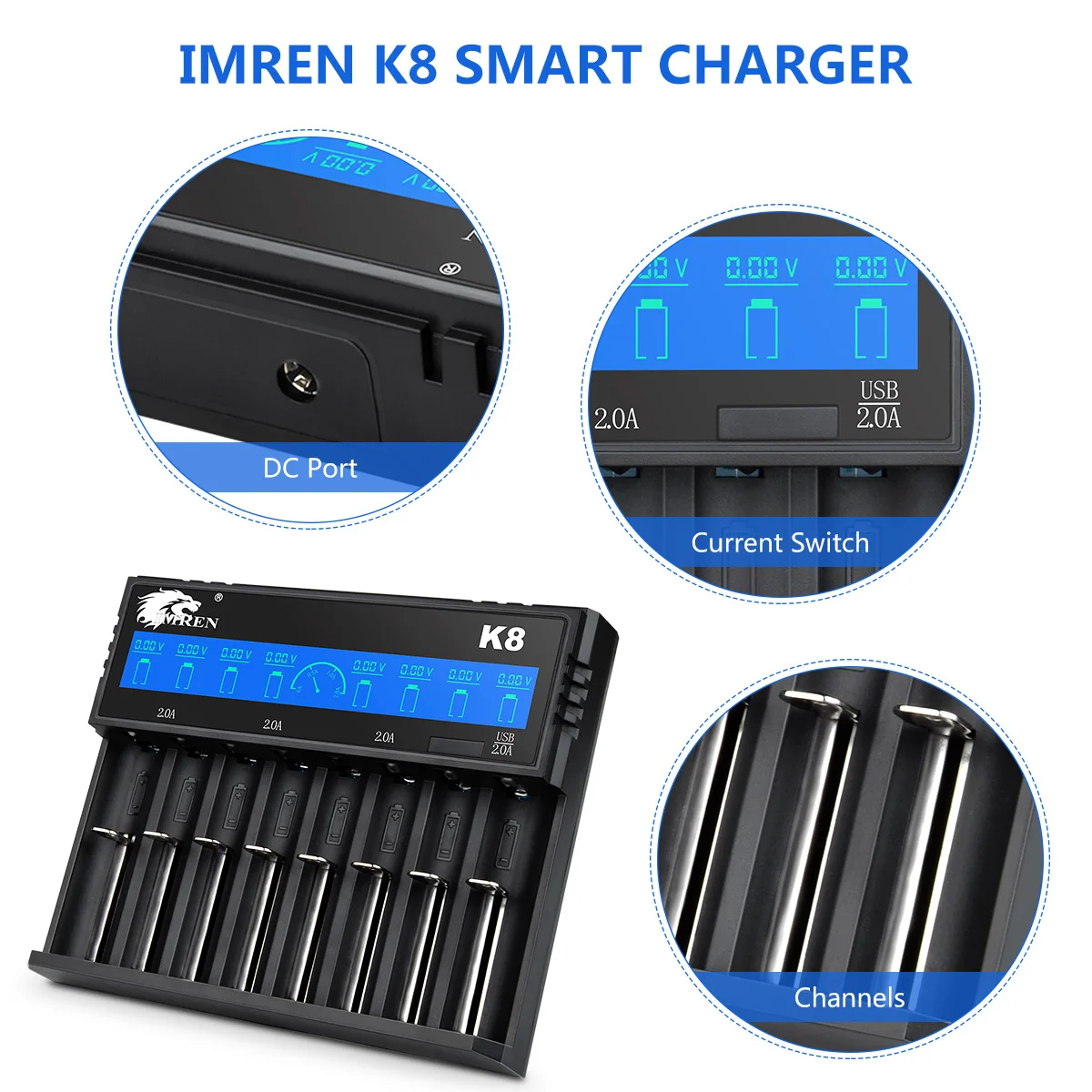 IMREN 8 slots automatic 18650 5v 2a lithium battery charger for 18650 26650