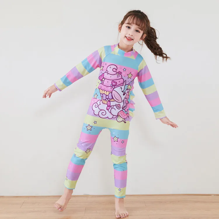 New One Piece Girls Swimsuit Long Sleeve Beach Bathing Suit Children Swimwear with Sunhat  Factory wholesale
