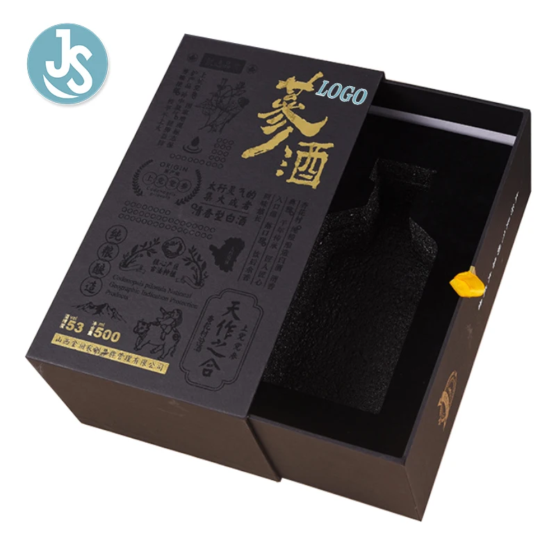 Customized Luxury Wine Paper Box Packaging Logo Alcohol Gift Boxes Wine Drawer Packaging Liquor Bottle Glass with Gold Black JS