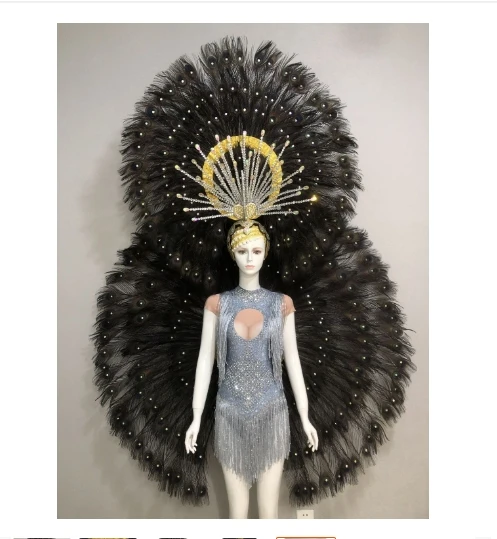 Big angel ostrich feather Wings fairy costume fly cosplay decoration party samba performance parade bar carnival makeup black