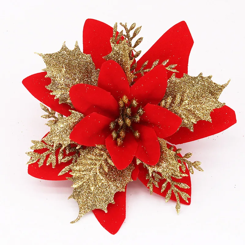 2022 Artificial Popular Christmas Glittered Poinsettia Flowers For Christmas Tree Decorative Ornaments Christmas Poinsettia Flow