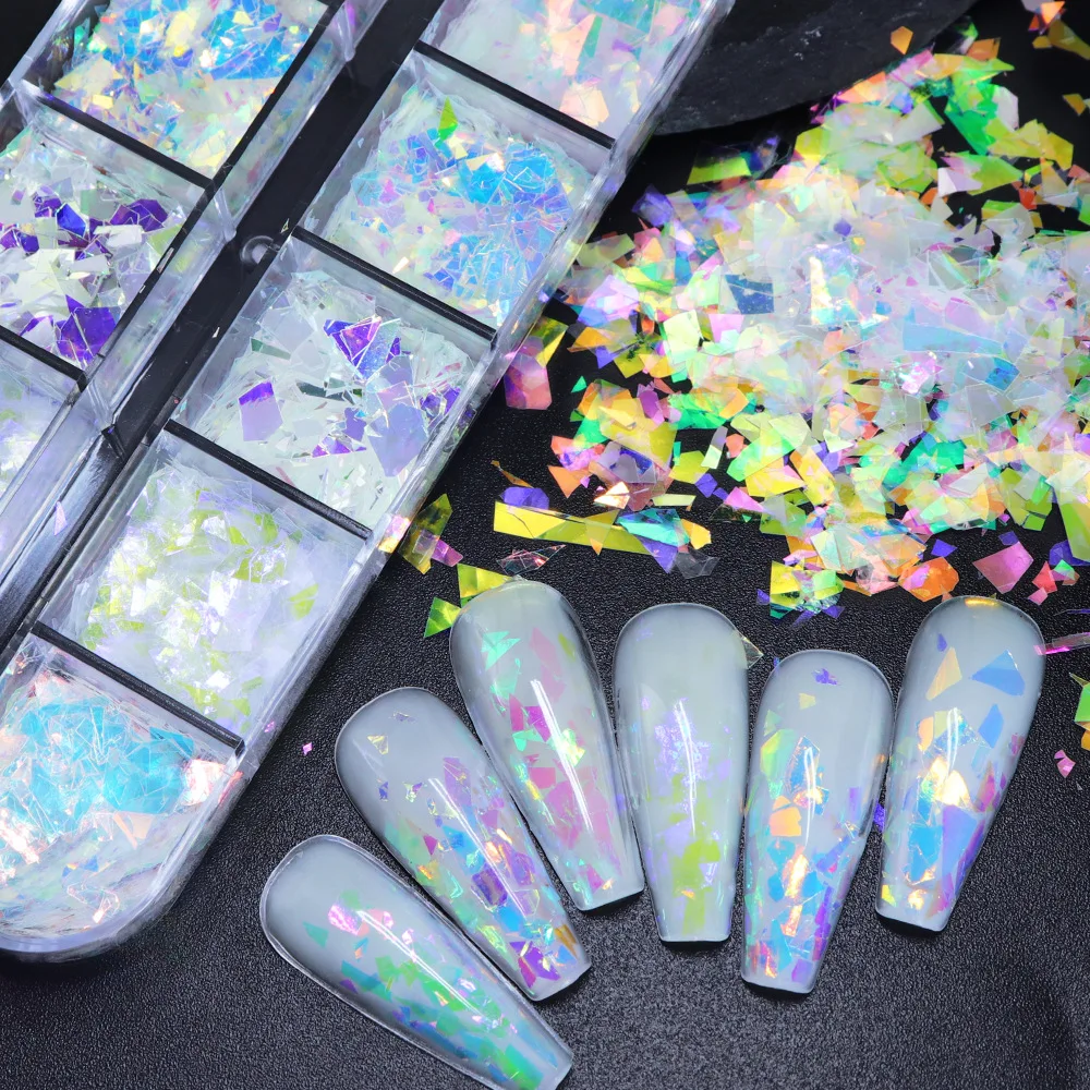 TSZS 12 Grids AB Mermaid Nail Sequins Shiny Ultra Thin Aurora Irregular Cellophane Fragments Symphony Cloud Brocade Nail Sequins