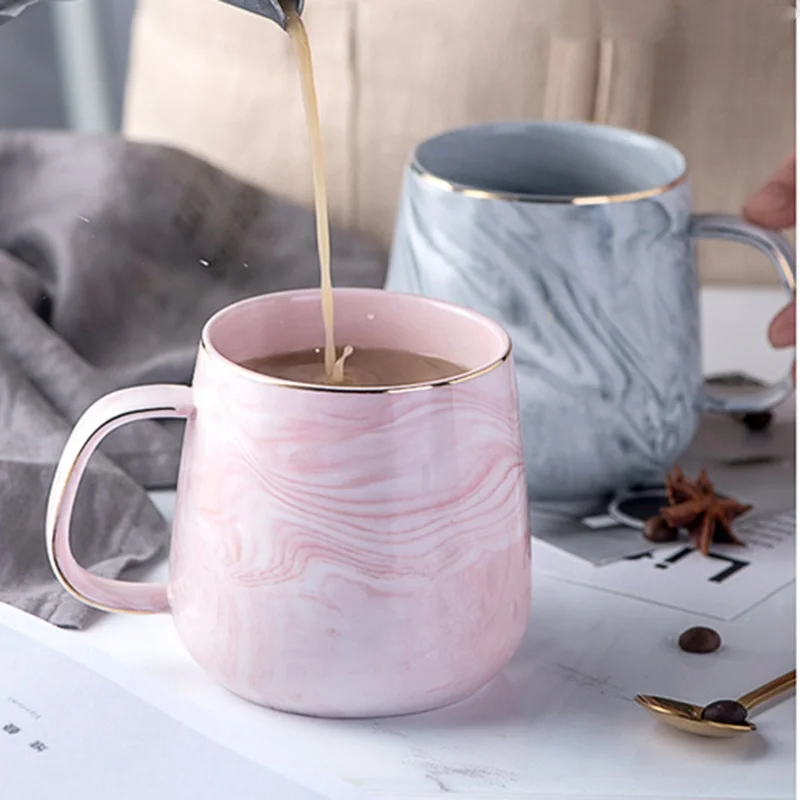 European style blank water milk tea cup simple custom marble elegant pink gray coffee mug wholesale with gold rim