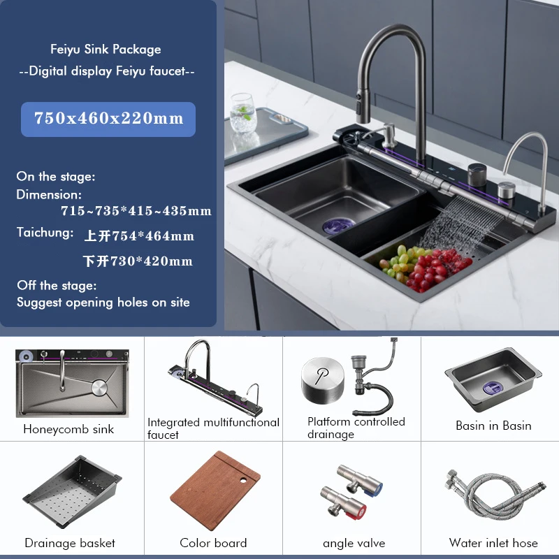 Factory Multifunction Black Grey Sink Waterfall Digital Display Fly Rain Pull-Out Faucet Single Bowl Kitchen Sink Set