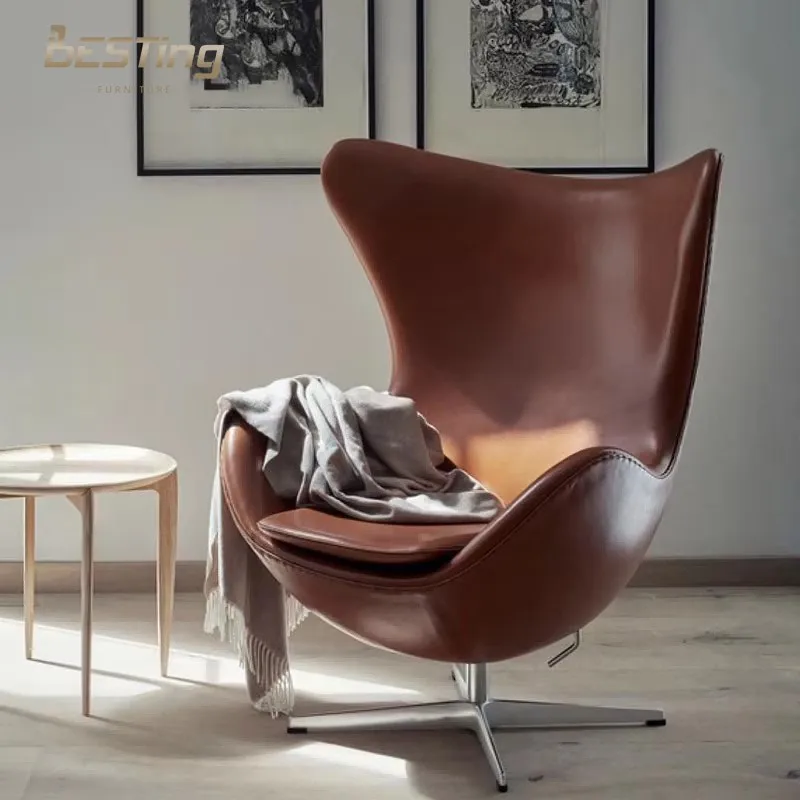 Modern Collection Living Room Furniture Leisure Arm Chair Leather Egg Swivel Chair Stainless Steel Metal European Style One Seat