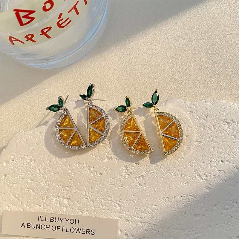 Hot Sale Fashion 925 Silver Needle Yellow Zircon Pave Fruit Lemon Stud Earrings For Summer