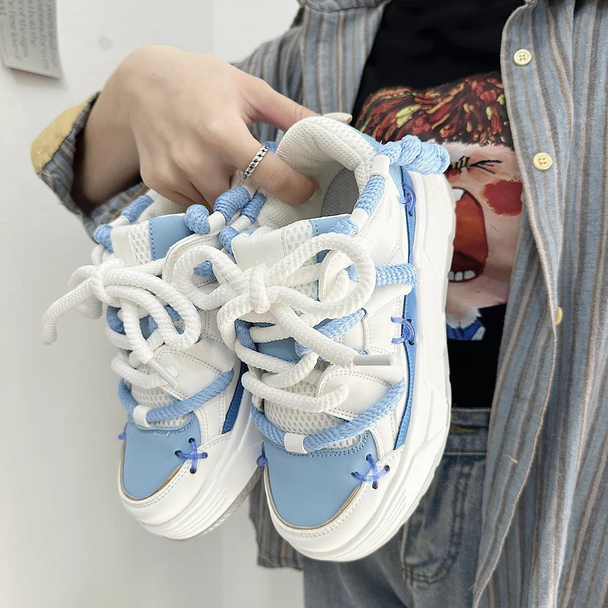 Fashion size 12  flats blue grey leather casual women light lace up custom sneakers woman running shoes for ladies