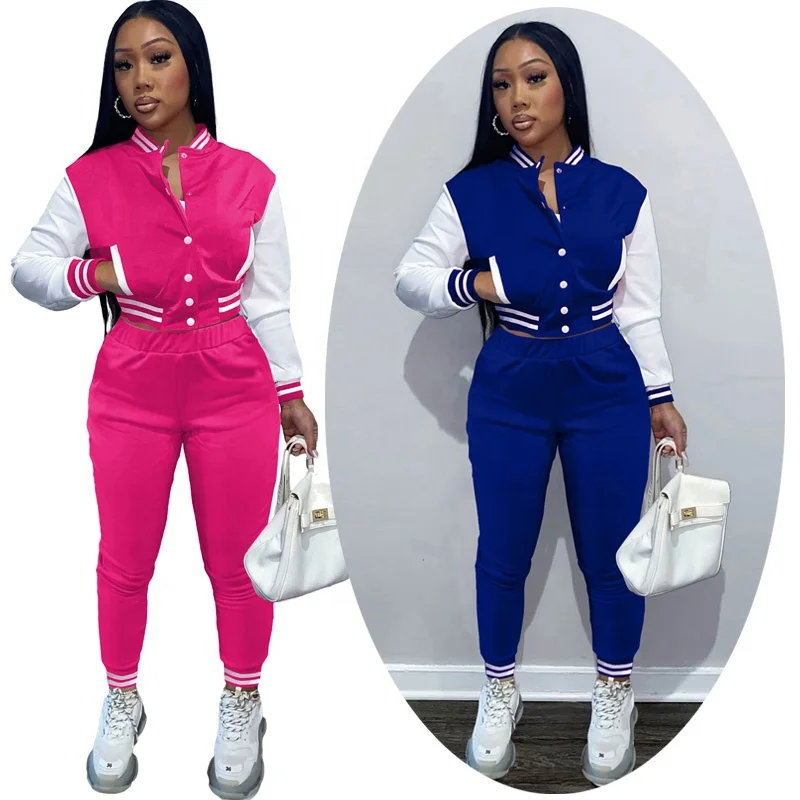 Womens Two Piece Sets Baseball Uniform Letterman Varsity Jacket Pants Suit Matching Streetwear Patchwork Sweatsuit Tracksuits