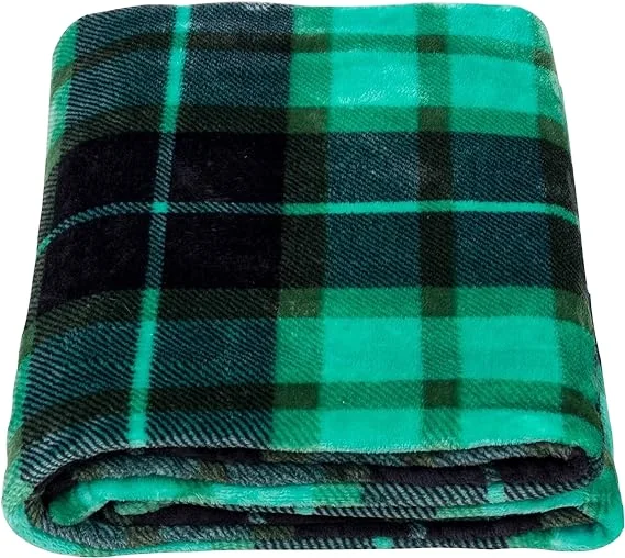 Flannel Fleece Throw Blanket 50 x 60 Inches, All Season Plaid Green Blanket for Bed, Couch, Car