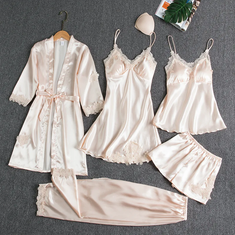 Spring Pajamas For Adults Lingerie Reflective Satin Pajamas For Women Robe 5 Piece Sets
