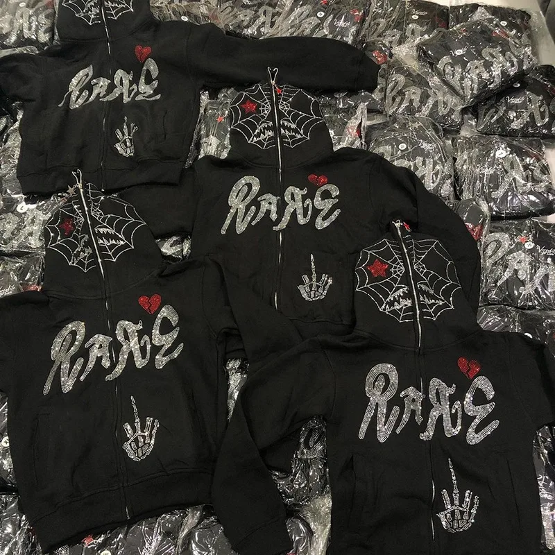 Halloween Hoodies French Terry Puff Print Custom Logo Oversize Y2K Rhinestone Skeleton Full Face Zip Up Hoodie manufacturers