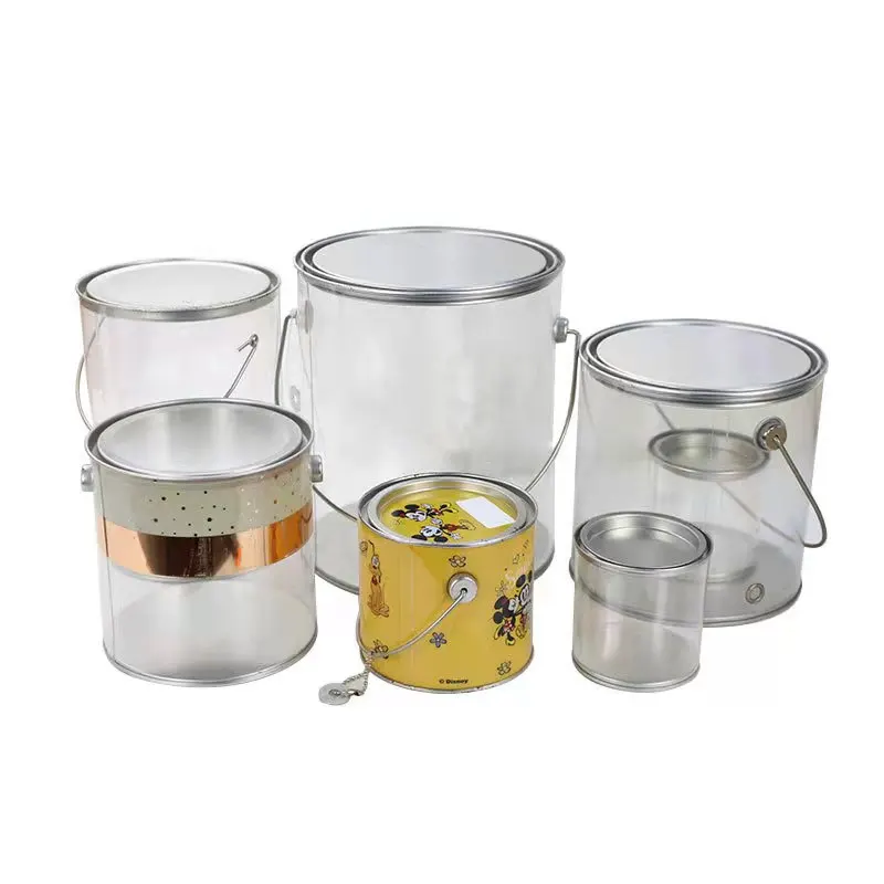 Clear Plastic PVC Packaging Paint Tin Bucket With Metal Lid and  Handle