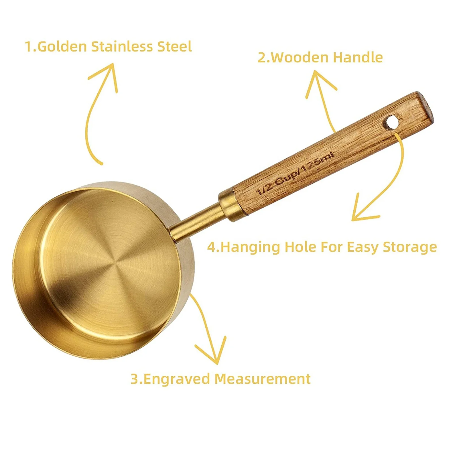 8 Piece Stainless Steel Gold Measuring Cups and Spoons Set with Wood Handle