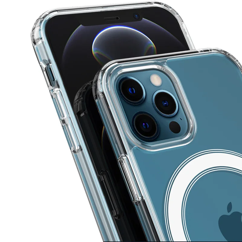 High quality 2in1 Transparent Acrylic Case For iPhone 12 13pro max 14pro Support Wireless Charger Anti Shock Phone Magnetic Case