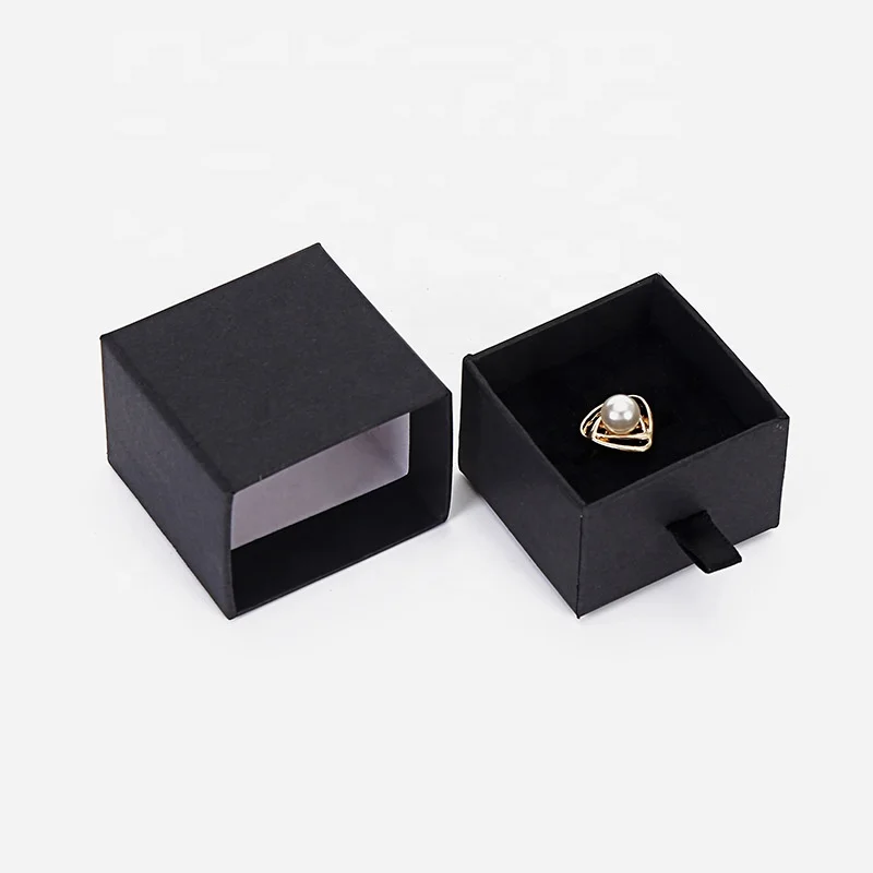 Cardboard Custom Logo Black Ring Luxury Retail Mystery Gift Box Jewelry Packaging Box Sliding Drawer Box With Ribbon