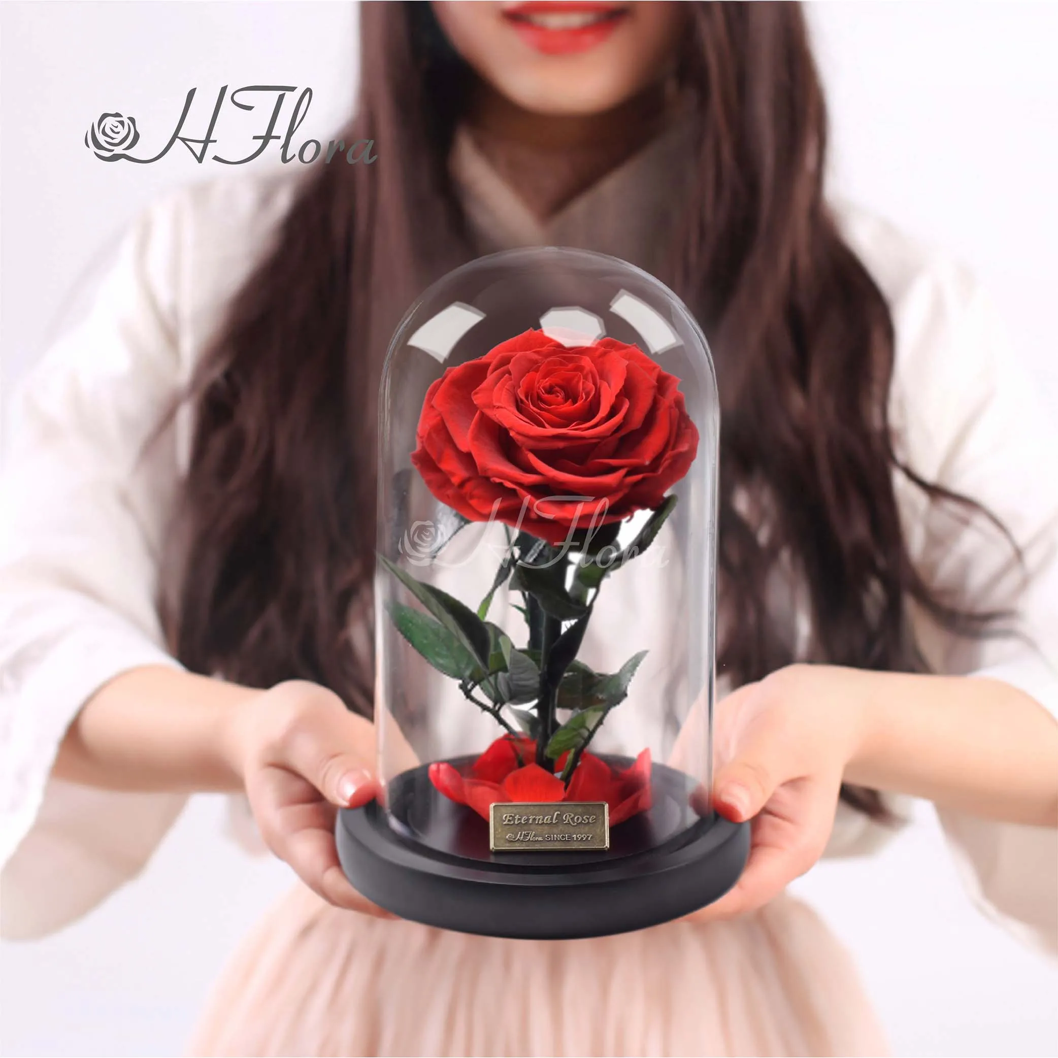 7.9 Inch  tall wholesale  Forever Eternal  Preserved long stem natural Rose in  delicate  Glass Dome for Valentine