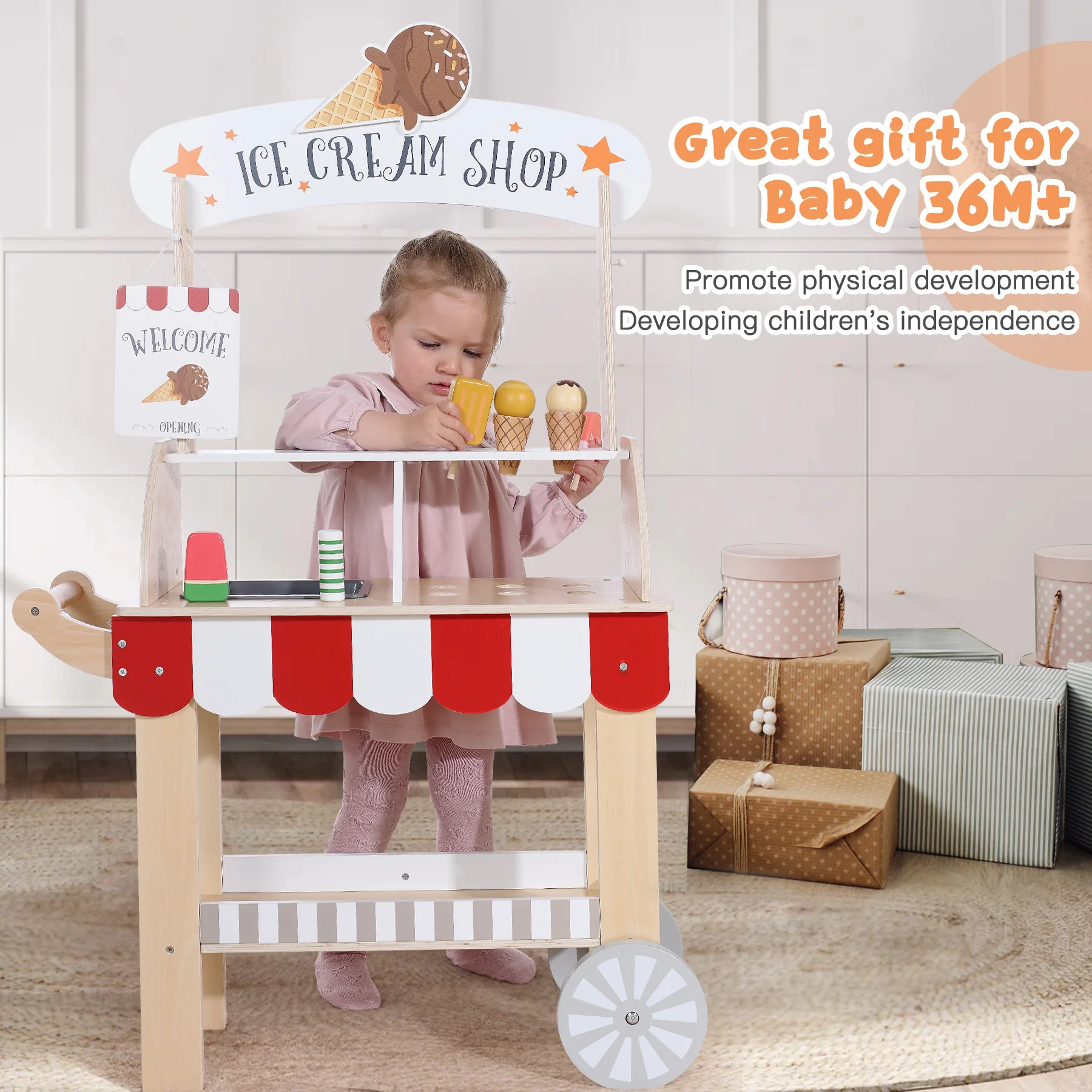 Hot Sale Customer Satisfied Wooden Ice Cream Sales Stand Ice Cream Cart Toy Wooden Ice Cream Dessert Stand For Kids
