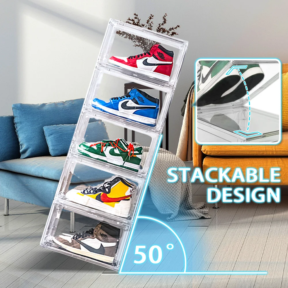 Wholesale Transparent Plastic Sneaker Stackable Shoe Storage Boxes Drop Front Acrylic Drawer Type Magnetic Clear Shoe Box