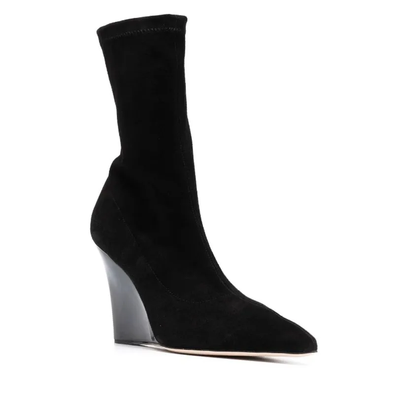 Xinzirain Custom Ladies Elastic Boots Plus Size 45 Point Toe Suede Leather 4 Inches Wedge Heel Women High Top Ankle Boot