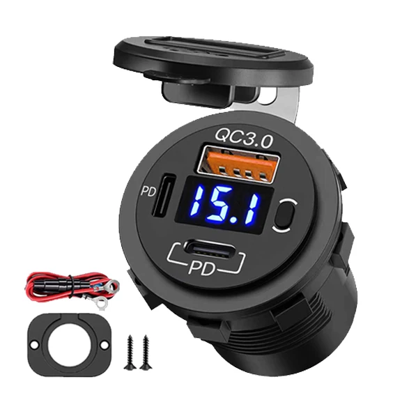 Dual PD+QC3.0 12V/24V New Triple USB Port Car Charger with Golf Model Fast Charging Receptacle for Phone PC Material USB Socket