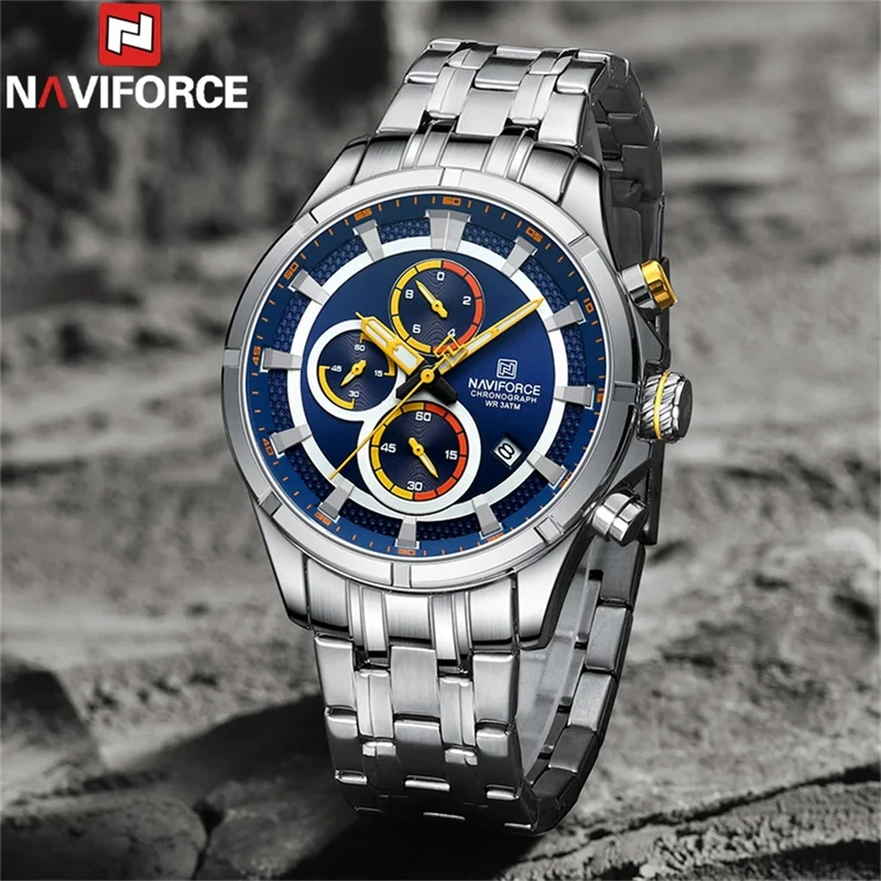 NAVIFORCE 8046 New Watch for Men Stainless Steel Strap Chronograph Clock Male Sport Casual Waterproof Quartz Wristwatch 2024