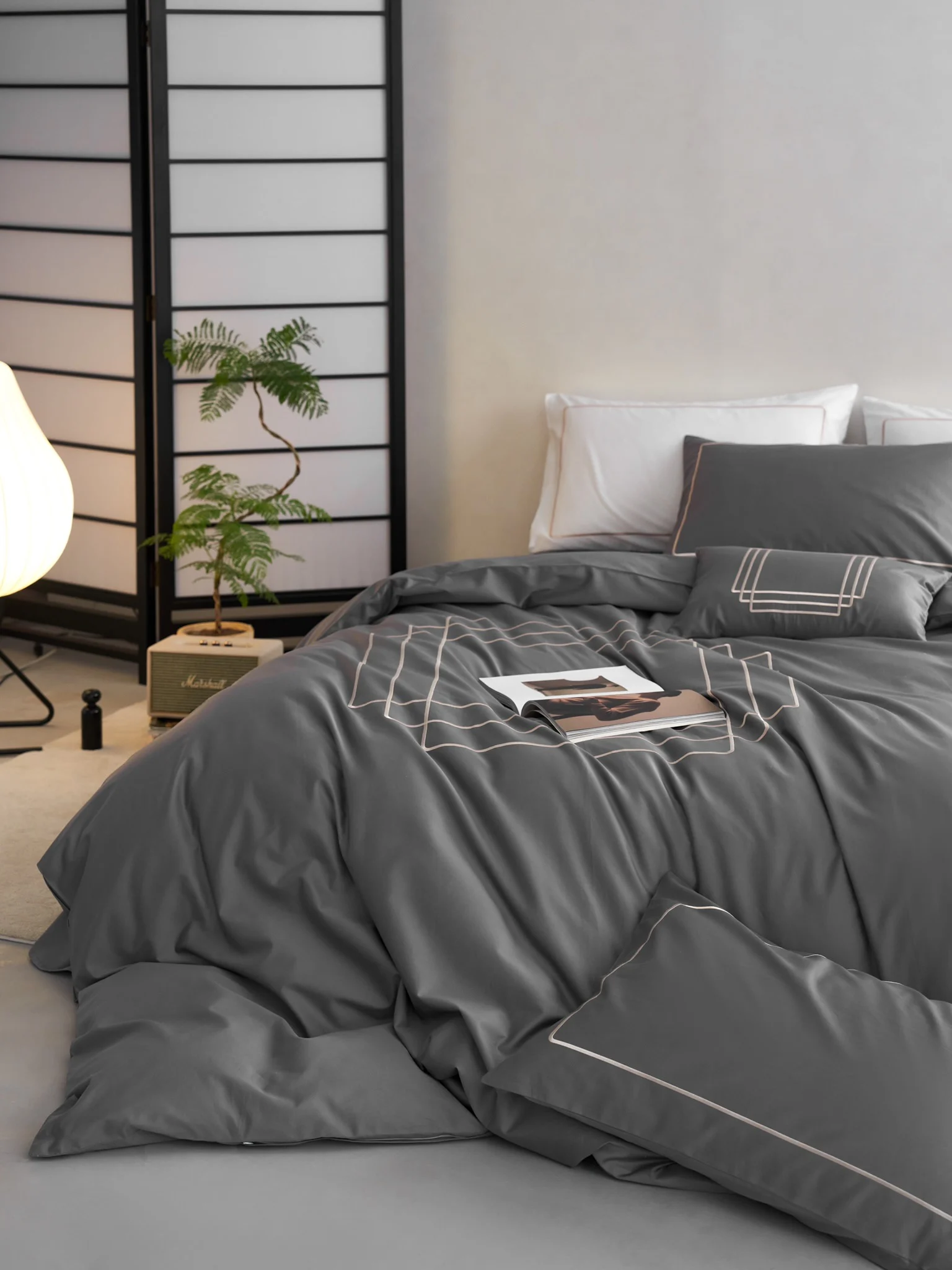 SANHOO Hotel Bedsheet Modern Grey Percale Queen King Hotel Linen Bedding Set 100% Cotton