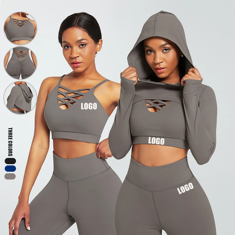 
Fast Shipping Padded Cross Back Wholesale 3 Piece Yoga Set Pure Color U Neck Seamless Women Gym Yoga Sport Bra 