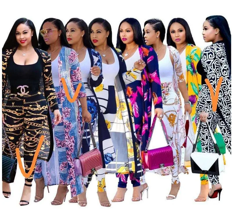 
Casual Summer Plus Size Long Sleeve Rose Thin Capes And Trousers Two Piece Set Floral Printed Long Coat 