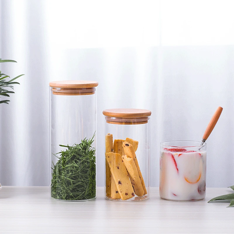 Clear Glass Kitchen Sealed Food Storage Jars Containers with Airtight Bamboo Lid for Candy Cookie Rice Sugar Flour Pasta