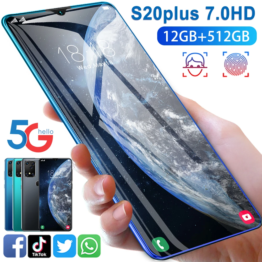 S20 плюс 1080x2320 PH полный экран телефона Android 12 Гб + 512 Гб устройство чтения карт памяти телефон с функцией распознавания лиц смарт-чехол для телефона