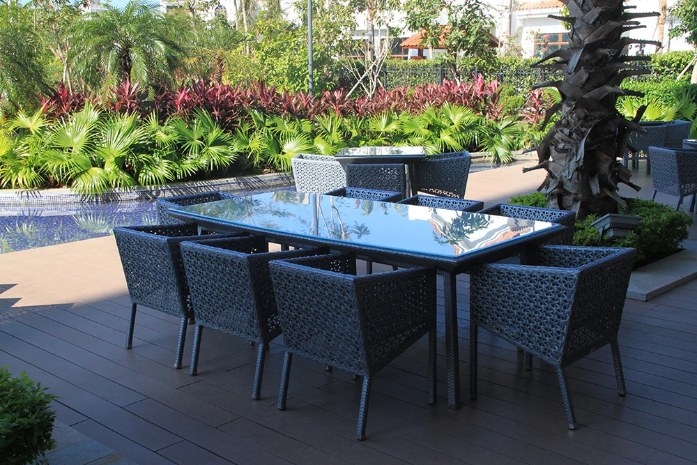 Garden aluminum frame rectangle dining table with clear glass outdoor furniture for villa