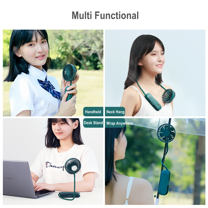 Portable Hands Free Lazy Neck Hanging Handheld Fan Desk Standing Emergency Power Bank Bendable USB Mini Fan Stroller Wrapping