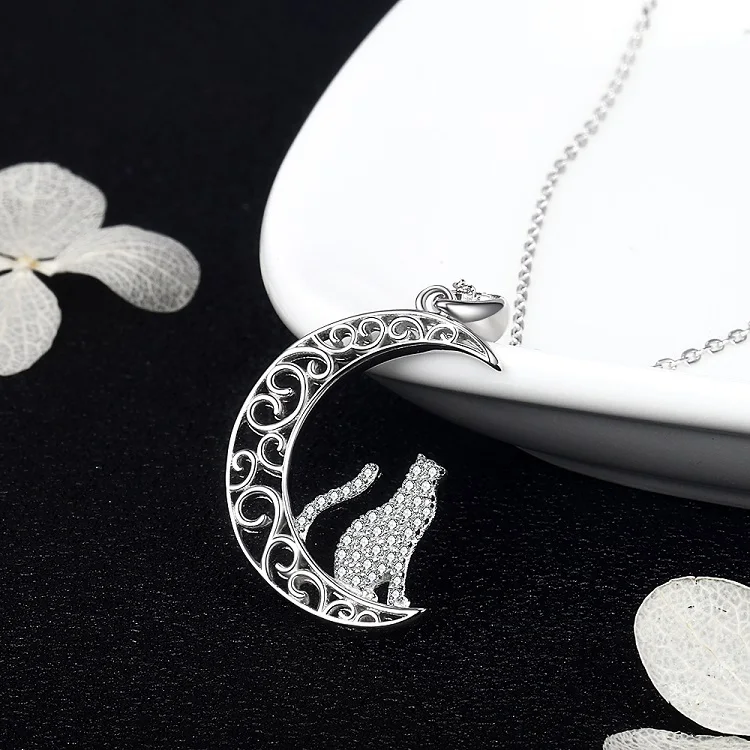 925 sterling silver crescent moon with cat necklace for women