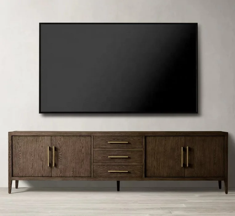 Modern American style living room wood media console French contemporary oak panel 4-door media console with drawer