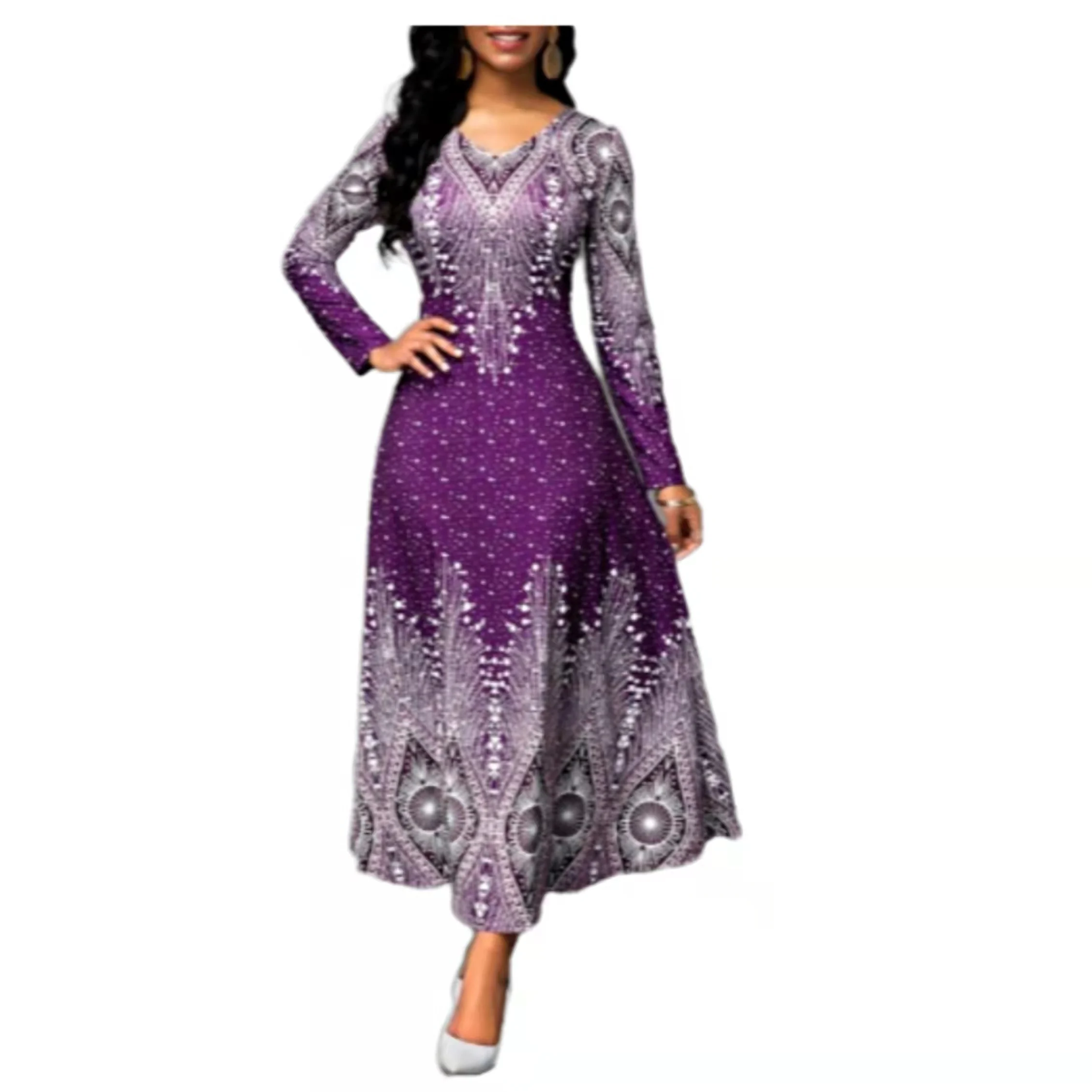 Элегантное вечернее облегающее платье макси трапециевидной формы с расклешенным V-образным вырезом и длинным рукавом в стиле ретро с этническим принтом