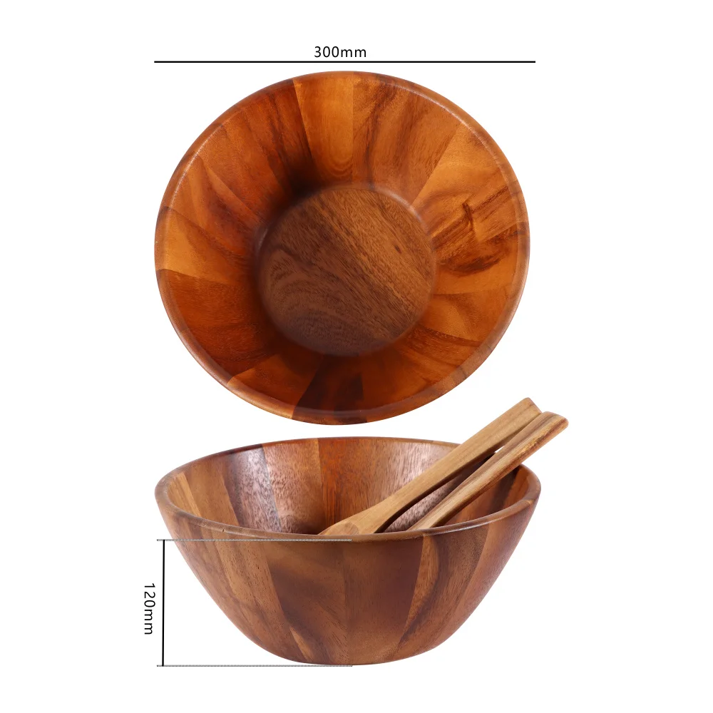 3pcs Acacia Wooden Salad Bowl Set - 12 Inches Hardwood Servers Set with Big Salad Bowls