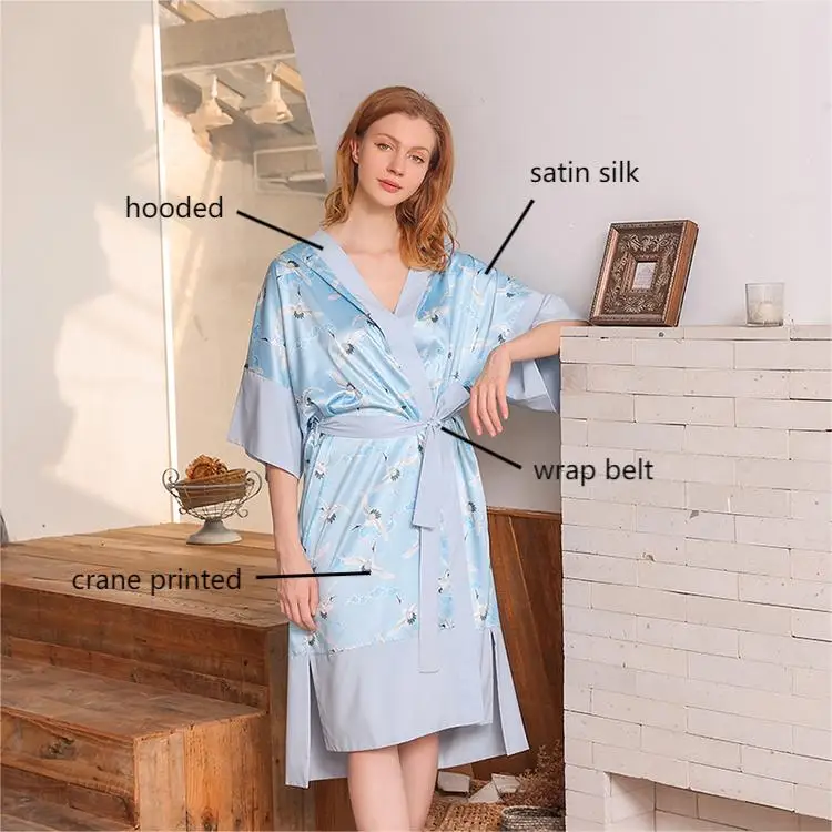 Animal Printed Sky Blue Thin Satin Silk Bathroom Robes High Quality Women Robe