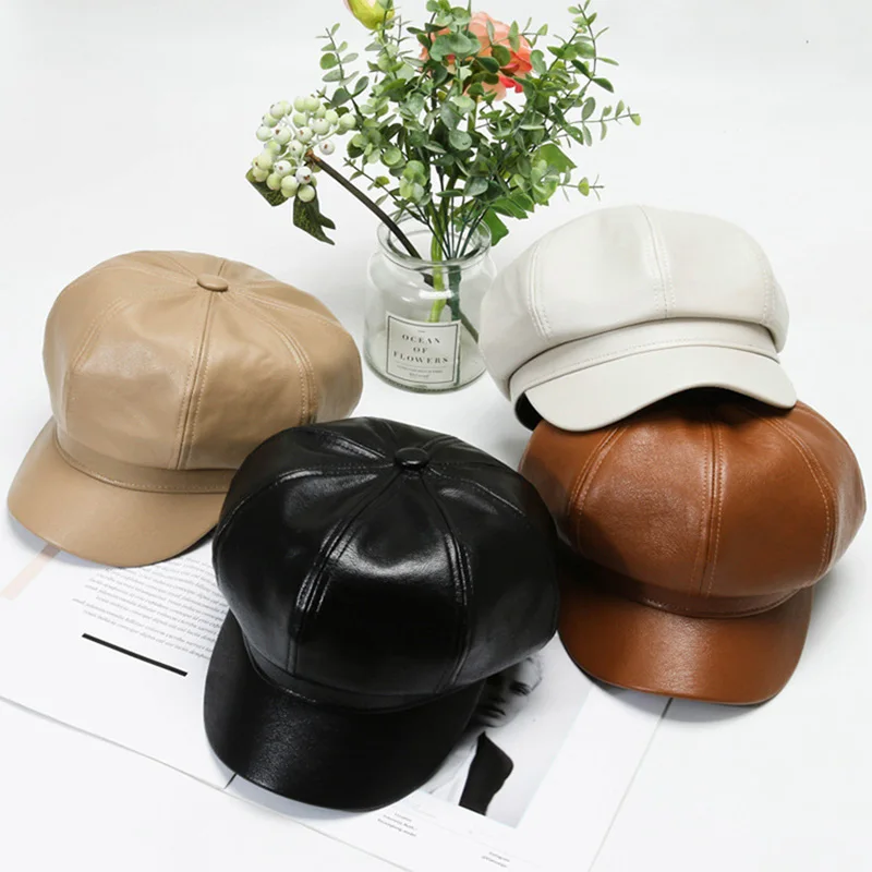 Vintage Female Korpearlctagonal Cap Beret Women Flat Hat Unisex Adults Picture 1pc/opp Bag Spring Winaturalsual PU Leather