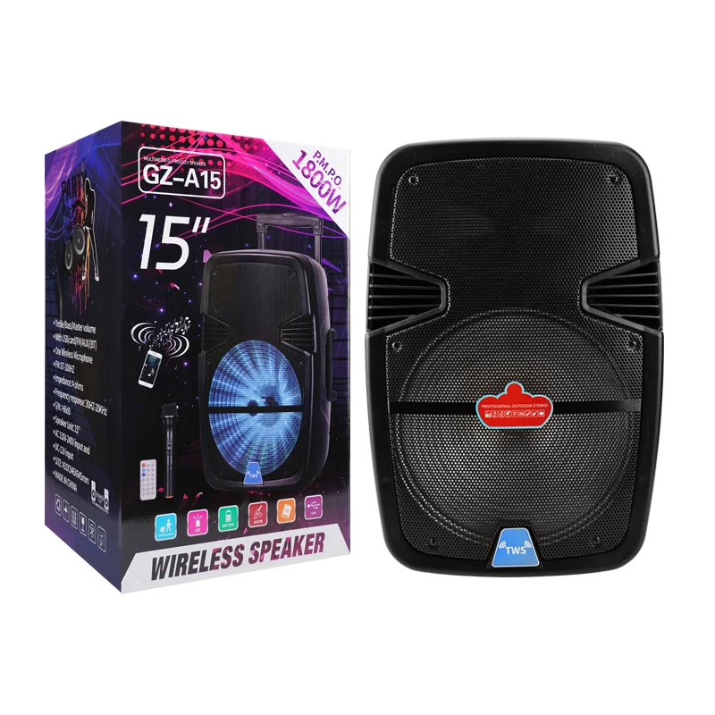 GZ-A15 New rechargeable trolley speaker 15inch ld curve 500 satellite speaker full range speaker sound level meter digital